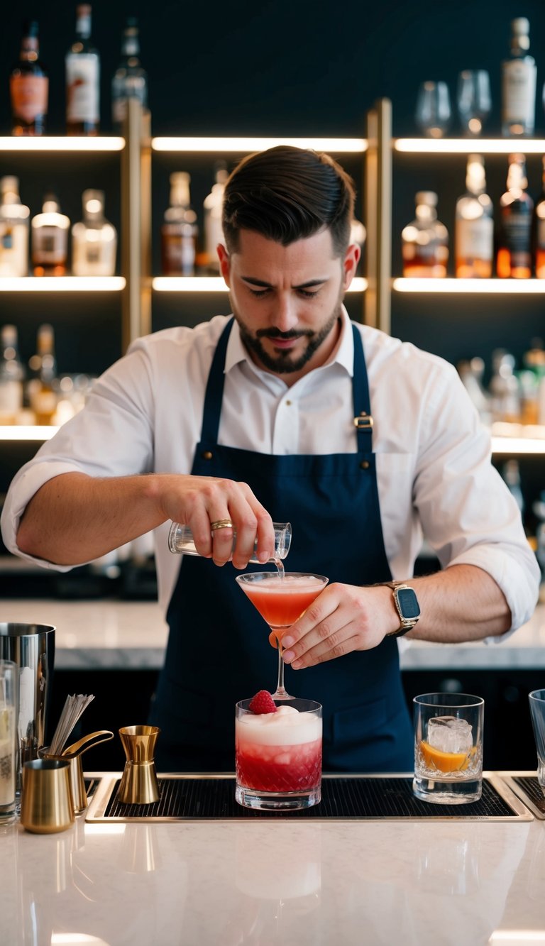 A bartender prepares a raspberry vodka sour cocktail, surrounded by ingredients and bar tools on a clean, well-lit counter