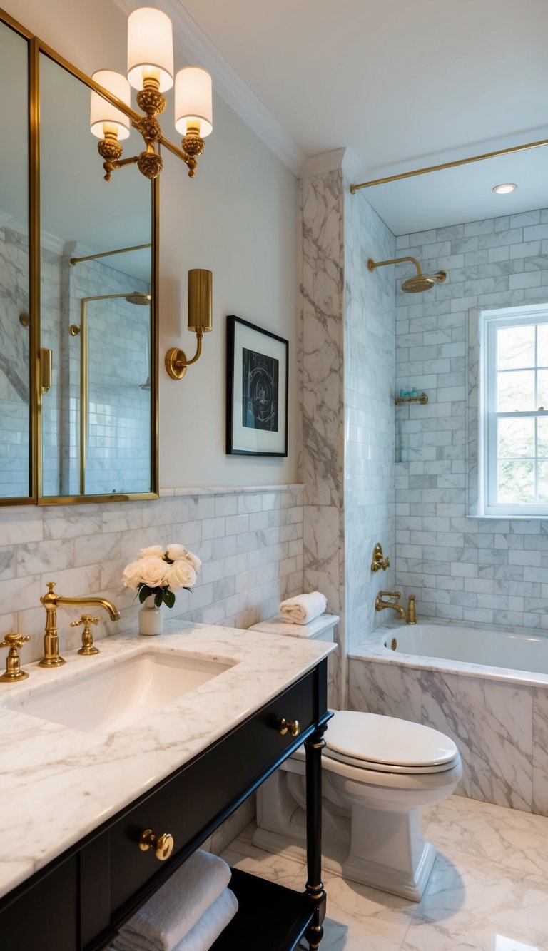 A luxurious marble bathroom with classic white subway tiles, elegant fixtures, and a timeless design aesthetic