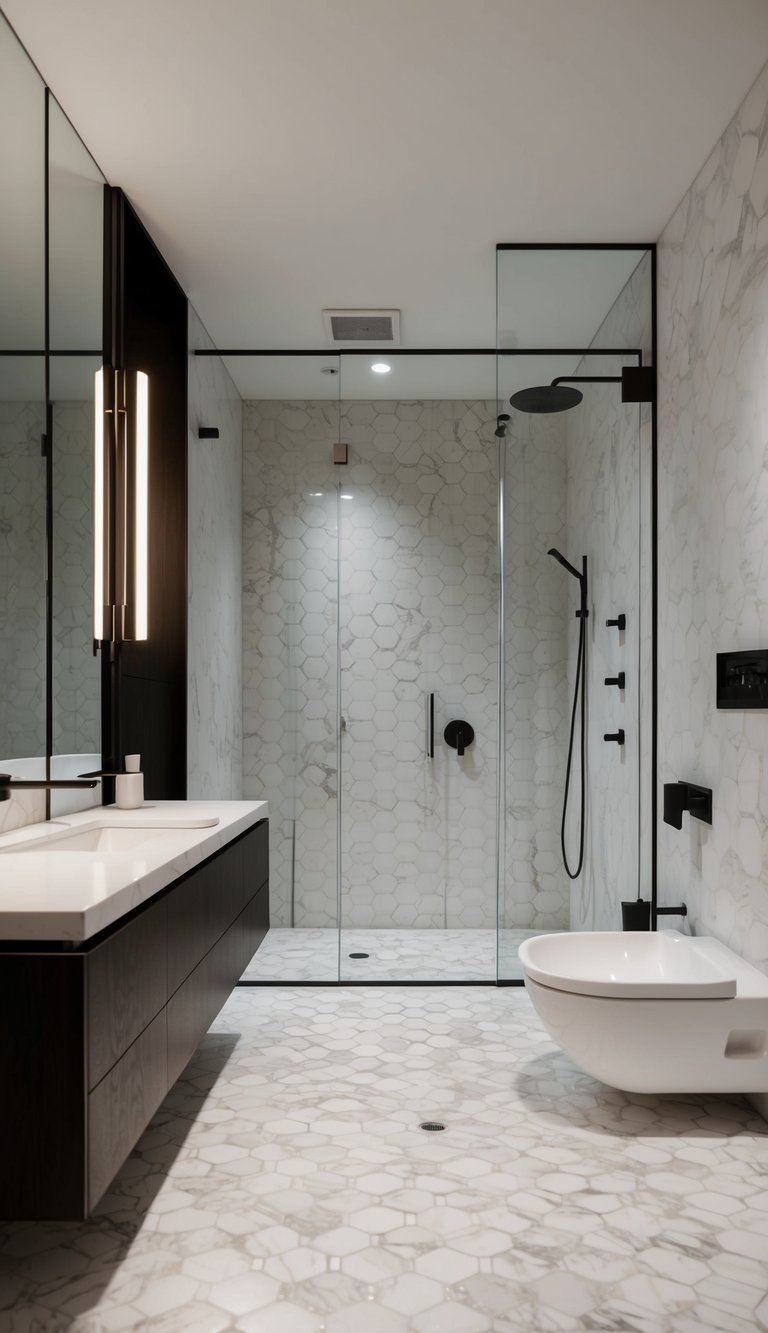 A sleek, modern bathroom with hexagon marble patterns on the floor and walls. A luxurious and timeless design