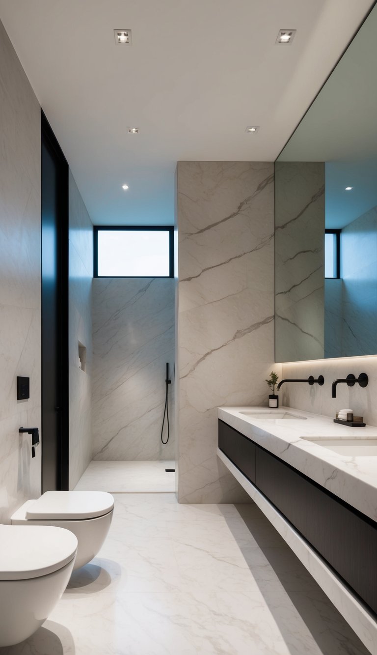 A sleek, modern bathroom with large marble slabs, minimalistic fixtures, and a timeless, elegant design