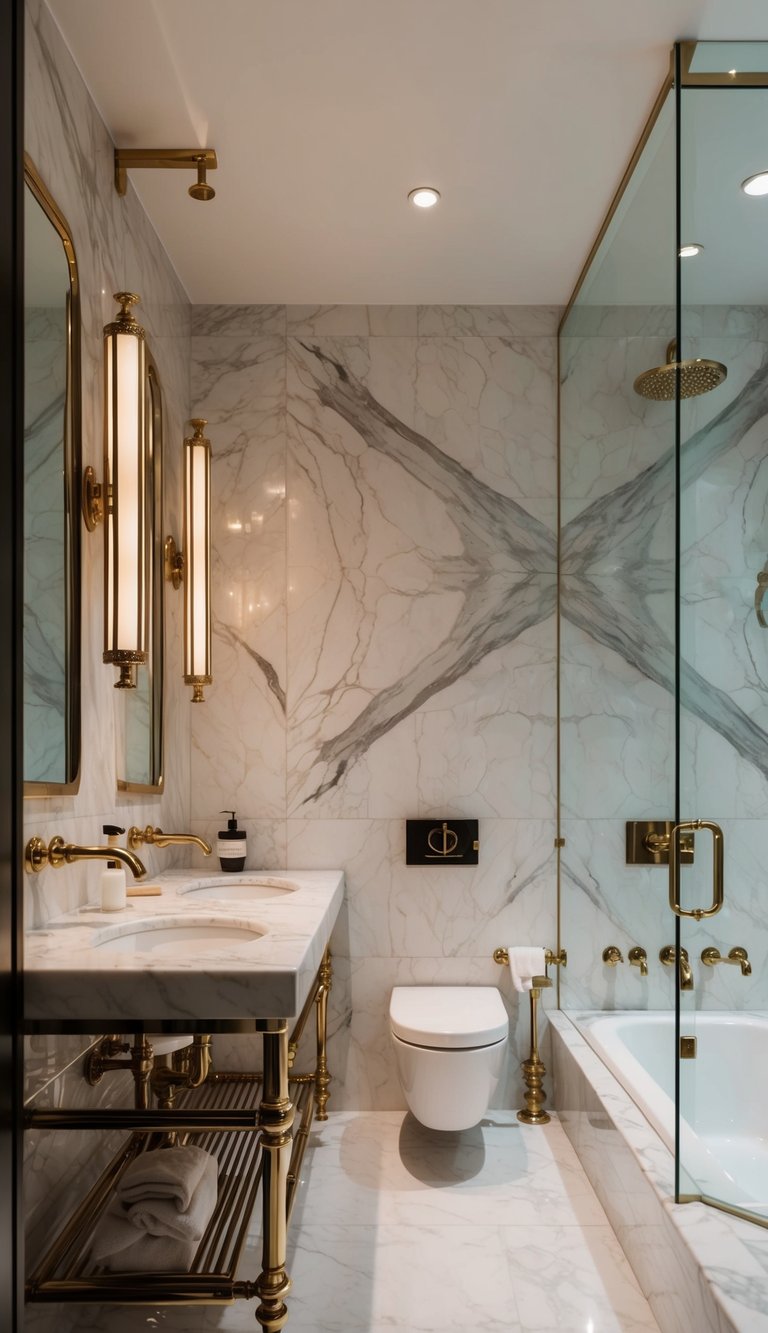A luxurious bathroom with Carrara marble walls and metallic fixtures, creating a timeless and elegant atmosphere