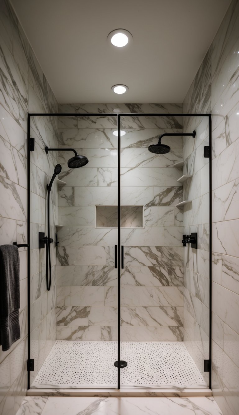 A spacious shower with statement marble walls, sleek fixtures, and a luxurious ambiance