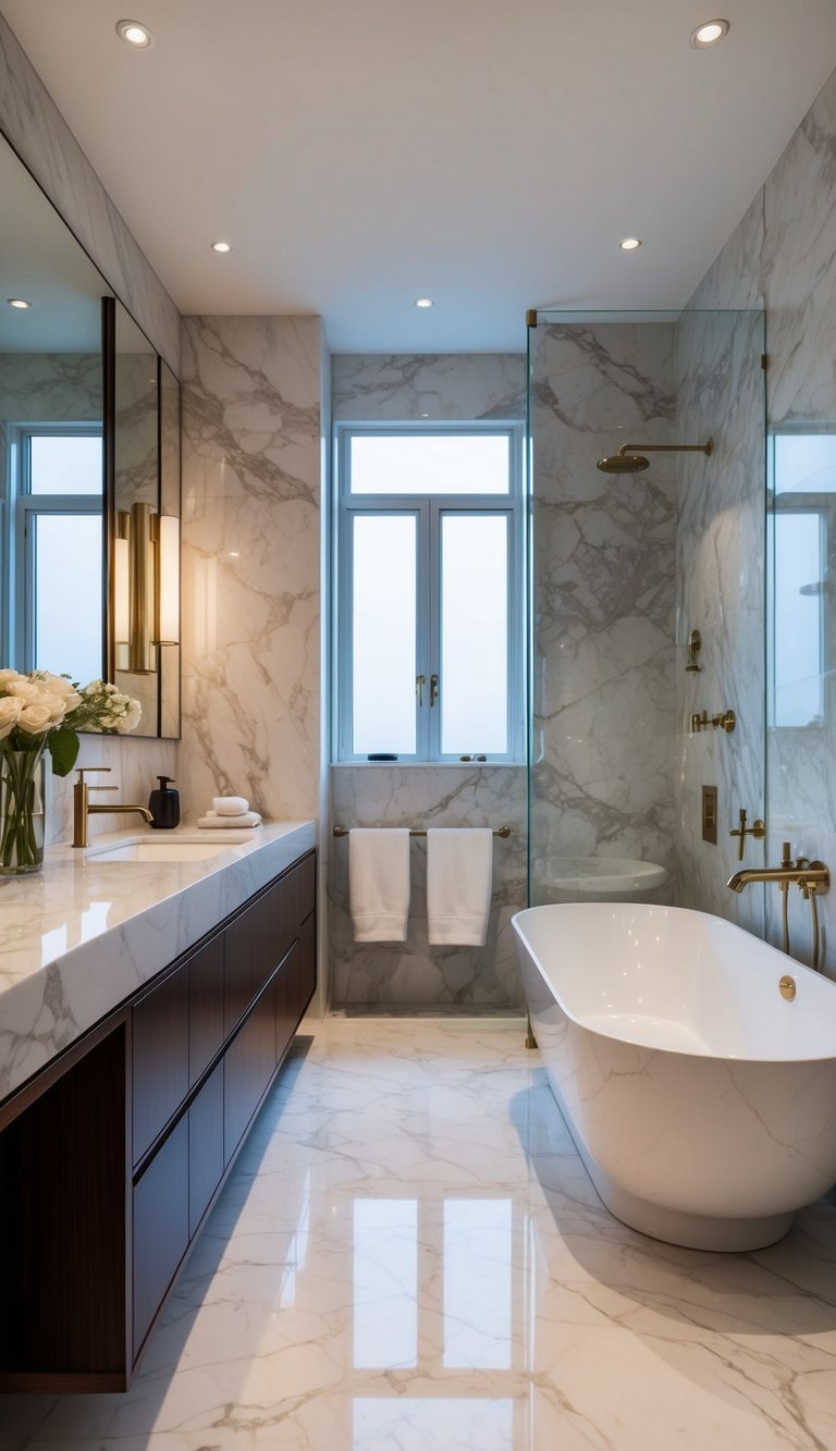 A luxurious marble bathroom with sleek countertops, a freestanding tub, and elegant fixtures