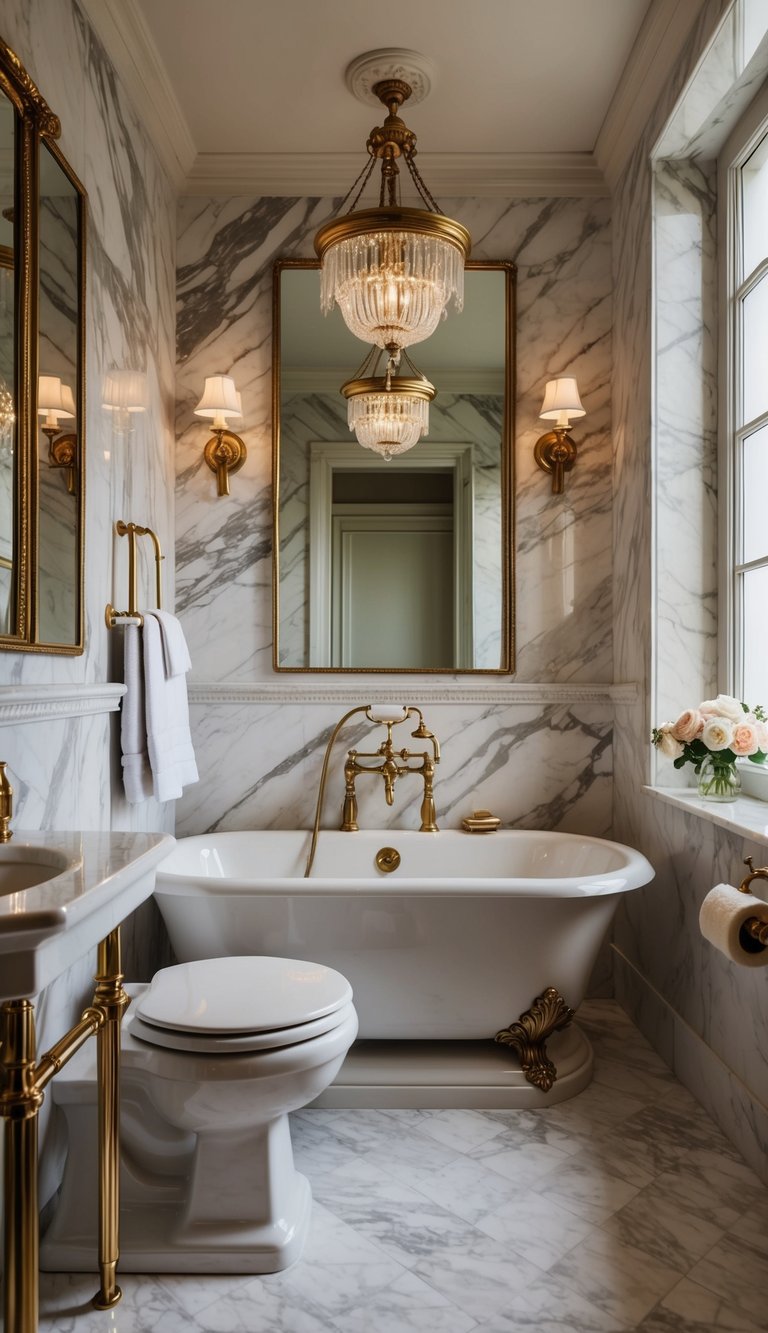 A luxurious marble bathroom with vintage-inspired fixtures and elegant design elements