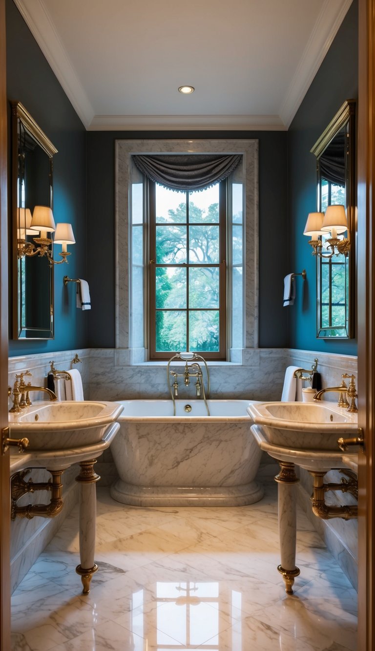 A luxurious bathroom with polished marble sinks, elegant fixtures, and timeless design