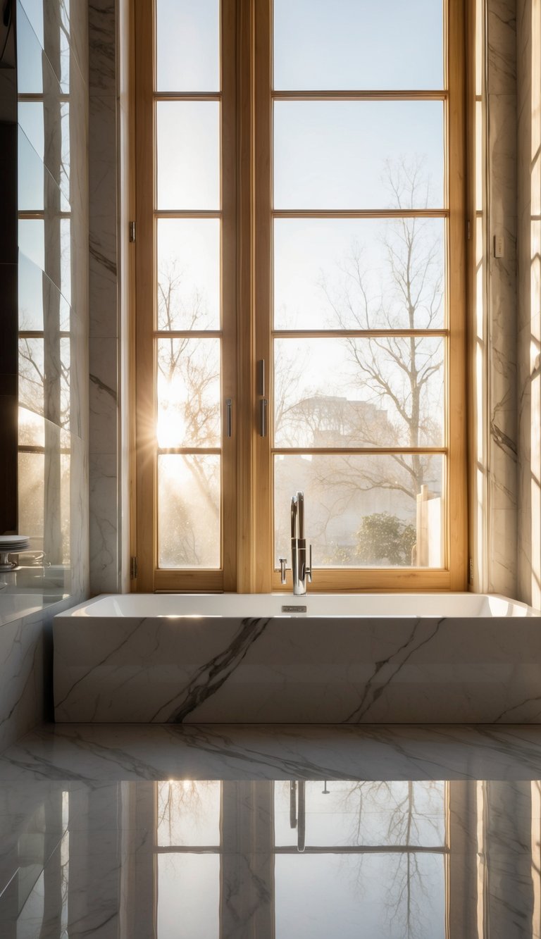 Sunlight streams through a large window, casting soft, warm light onto the sleek marble surfaces of a luxurious bathroom. The polished stone reflects the light, creating a stunning, timeless ambiance