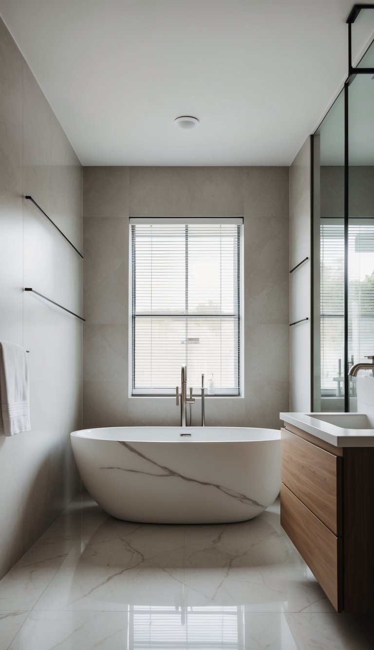 A sleek, modern marble bathtub sits in a spacious, well-lit bathroom with clean lines and minimalist decor
