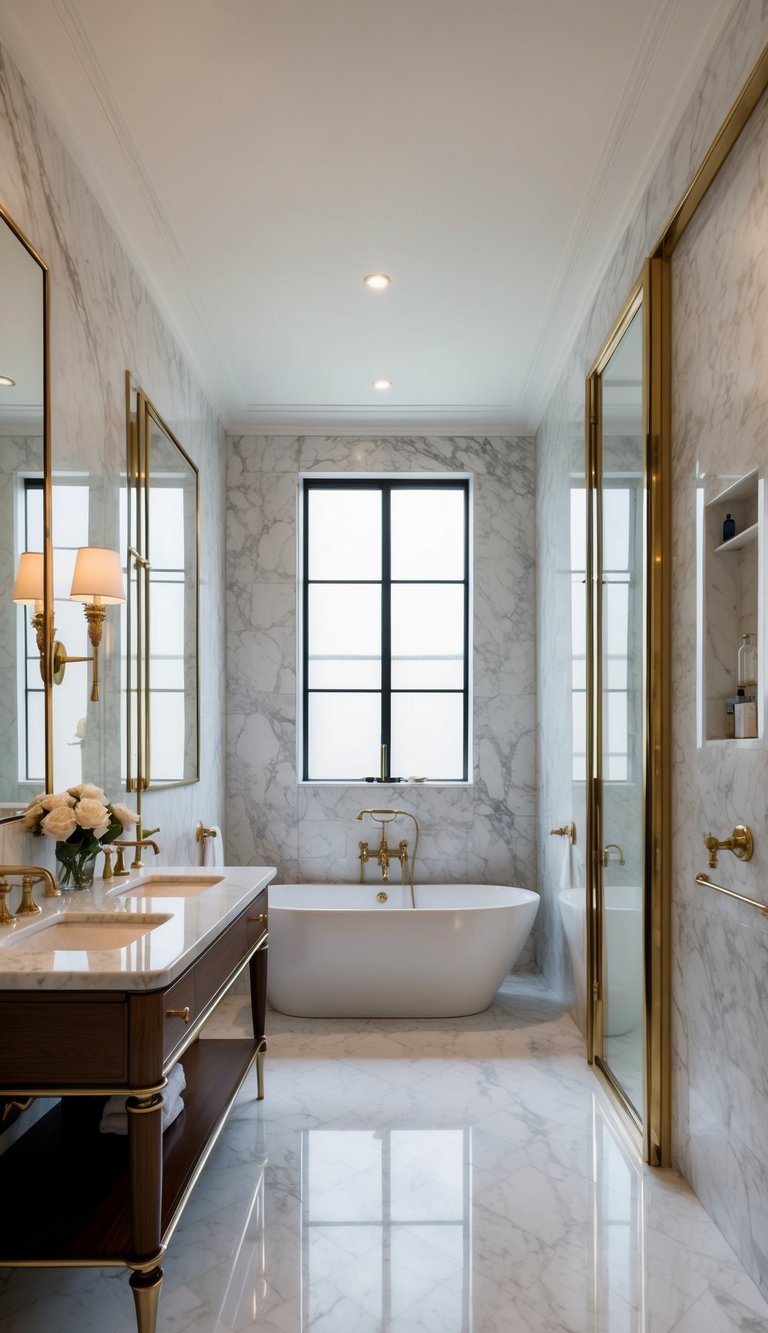 A spacious marble bathroom with floor-to-ceiling marble walls and elegant fixtures, creating a timeless and luxurious atmosphere