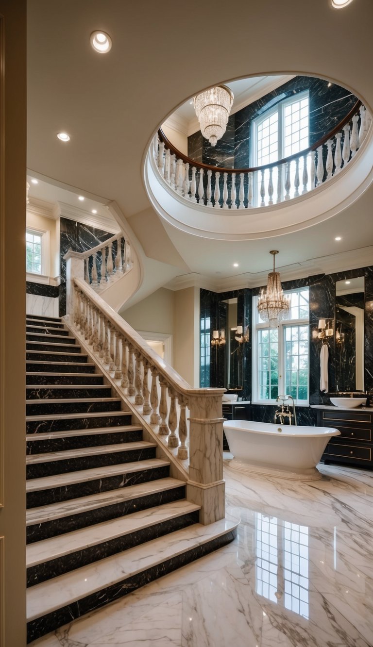 A grand marble staircase leads up to an open, luxurious bathroom with elegant marble accents and a timeless, sophisticated design