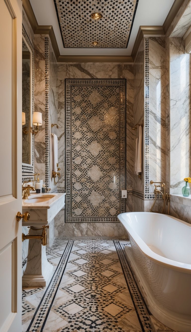 A luxurious marble bathroom with intricate mosaic patterns covering the floor and walls, creating a timeless and elegant aesthetic