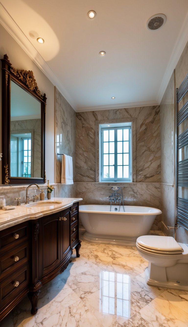 A spacious bathroom with elegant Italian marble floors and a classic, timeless design