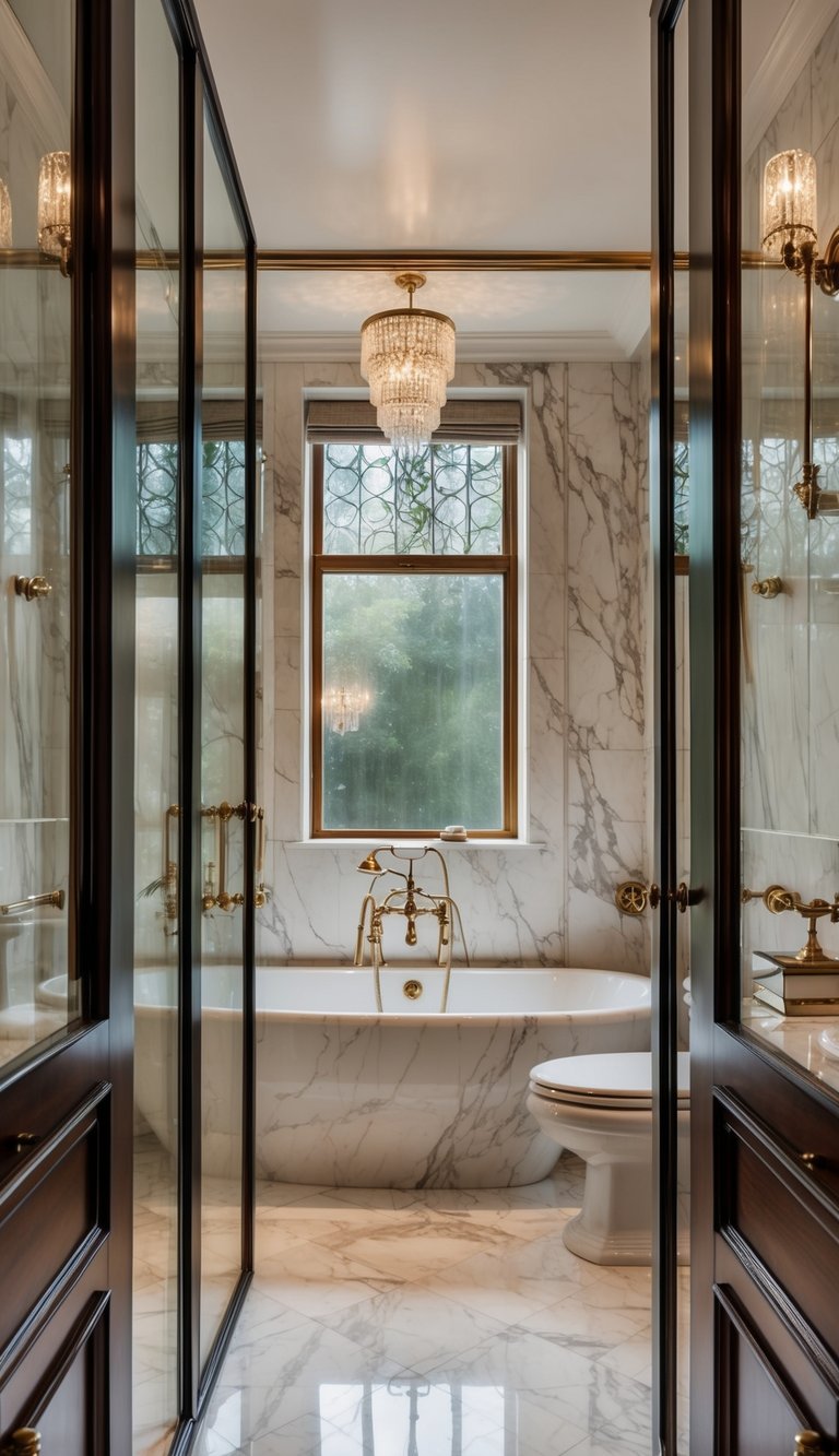 A luxurious marble bathroom with glass doors, elegant fixtures, and a timeless design