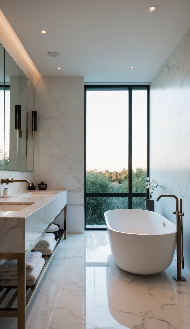 A serene bathroom with sleek marble countertops, a freestanding tub, and minimalist decor exuding a sense of tranquility and timelessness