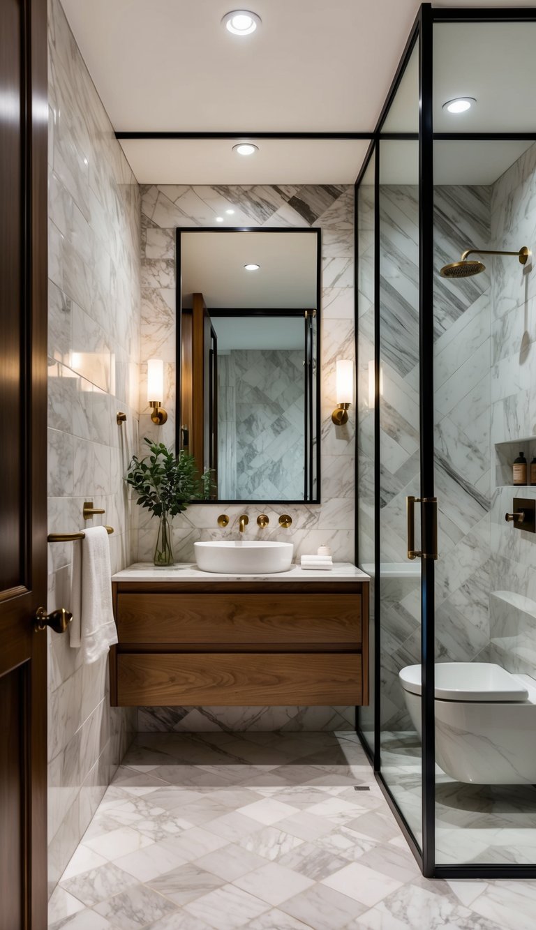 A luxurious bathroom with various styles of overlapping marble tiles, creating a timeless and stunning remodel