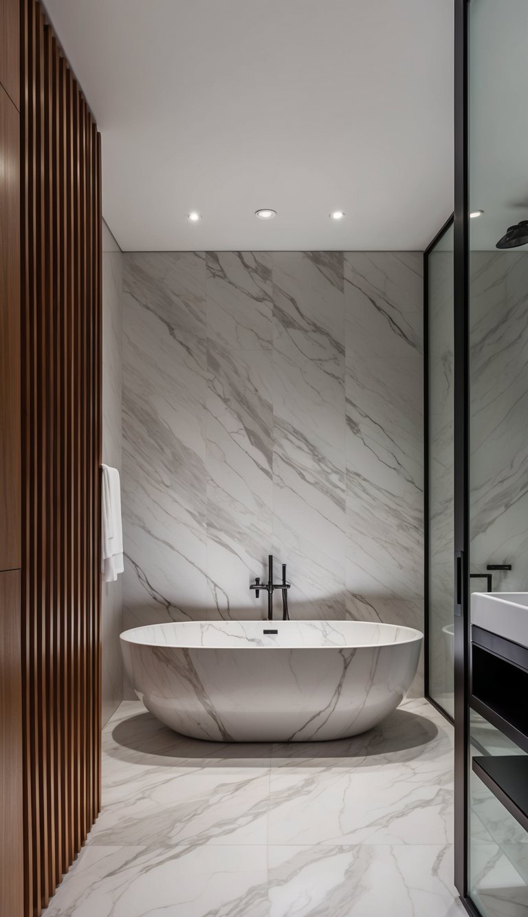 A sleek marble bathtub surrounded by minimalist wood accents in a spacious, modern bathroom