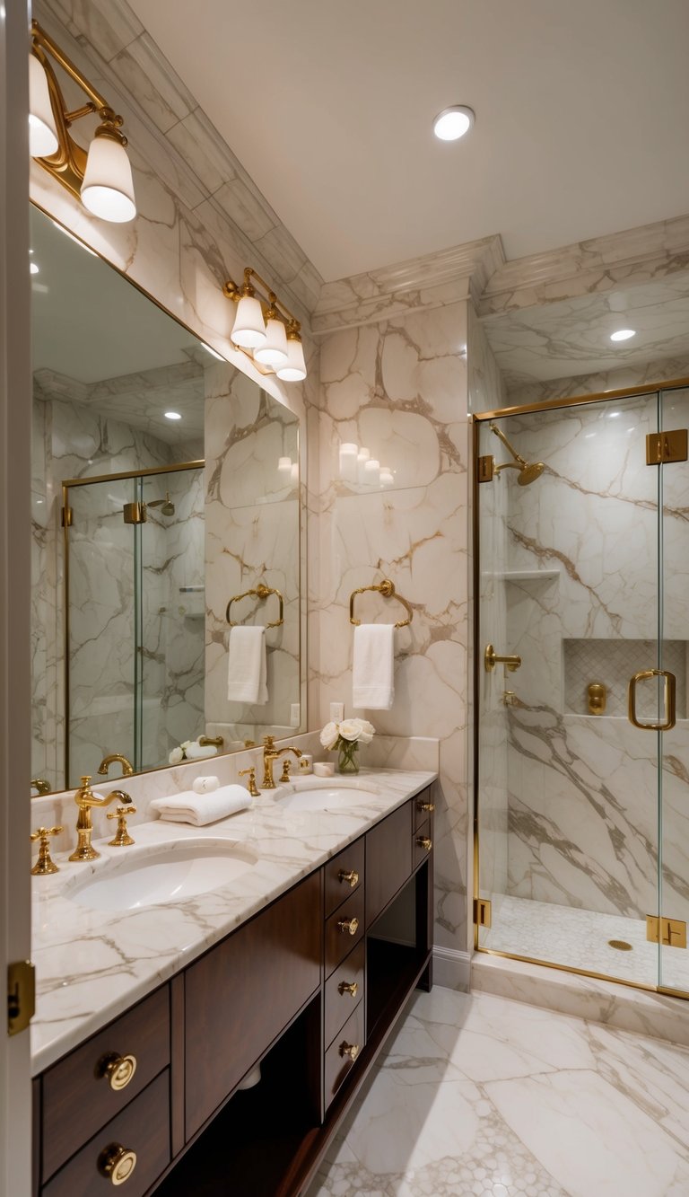 A luxurious marble bathroom with high gloss polish, featuring elegant fixtures and a timeless design