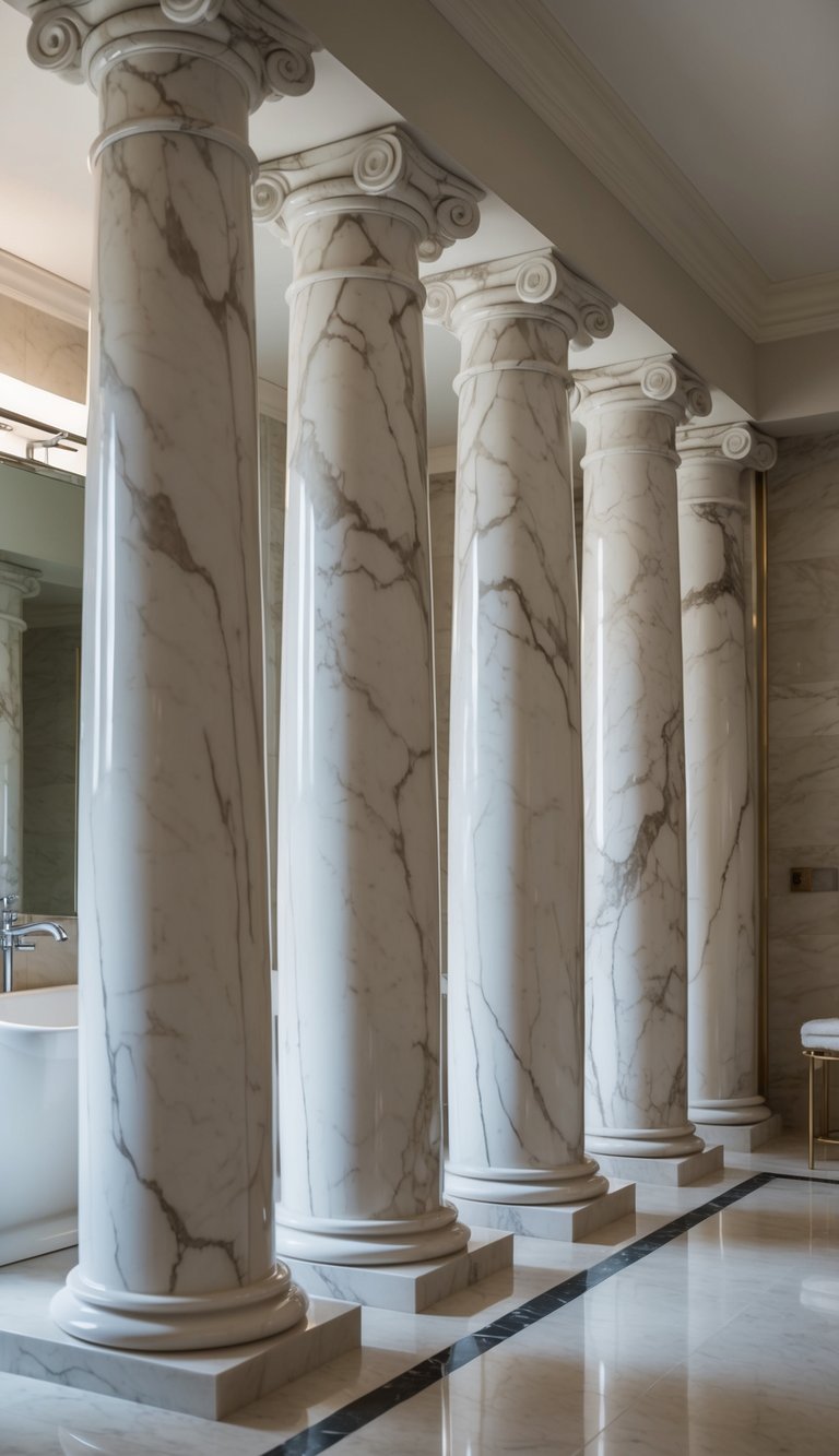 Marble pillars with subtle veins stand tall in a luxurious bathroom, exuding timeless elegance