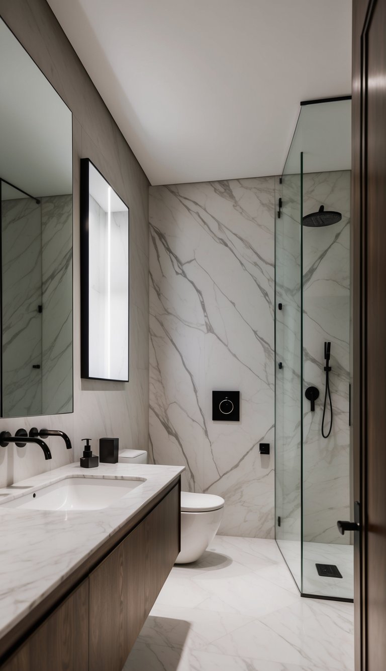 A sleek, modern bathroom with marble wall fixtures and elegant design elements