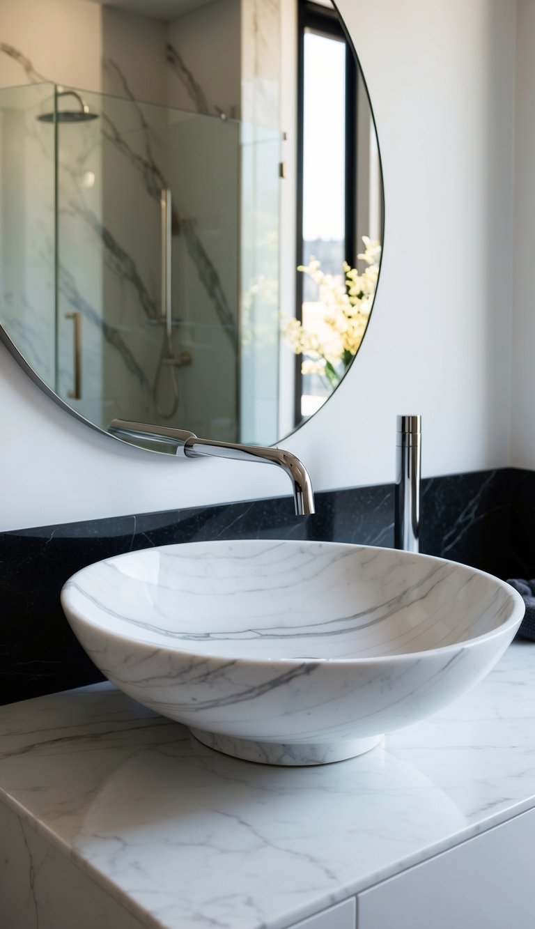 A sleek, modern marble sink with clean lines and elegant curves sits atop a sleek vanity. The bathroom is bathed in natural light, highlighting the timeless beauty of the marble