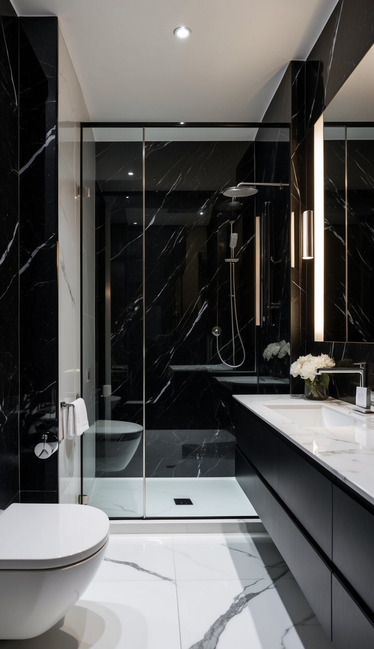 A sleek, modern bathroom with glossy black and white marble walls and countertops, featuring a timeless and elegant design