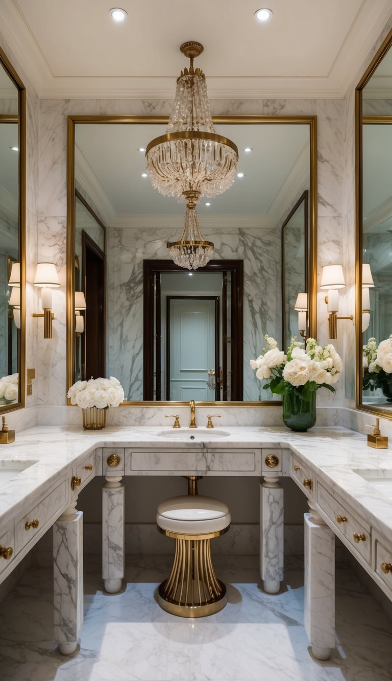 A luxurious marble bathroom with elegant marble desks and stunning decor for a timeless, sophisticated look