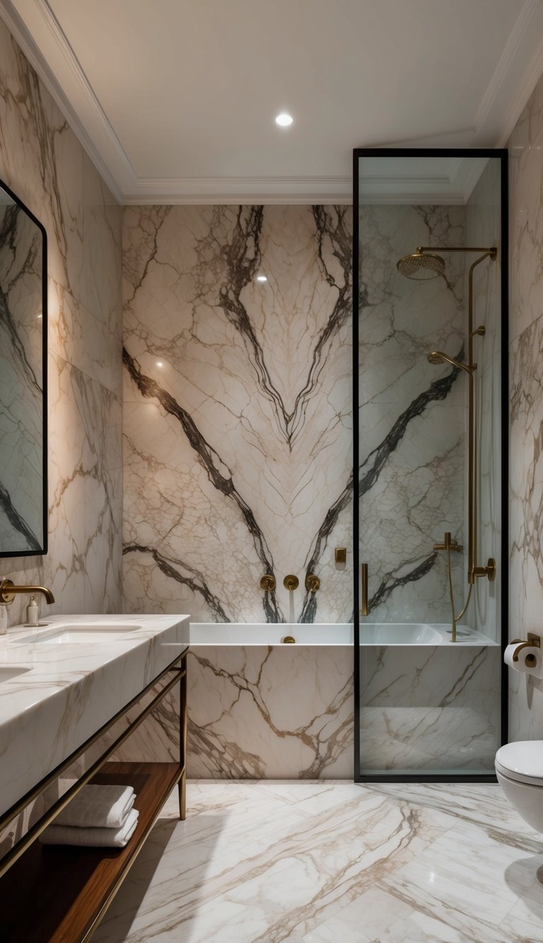 A luxurious marble bathroom with intricate veining and a mix of light and dark tones, creating a timeless and elegant atmosphere