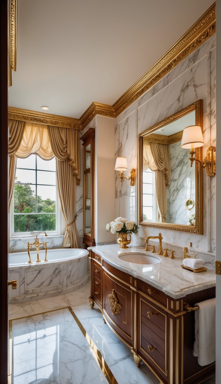 A luxurious marble bathroom with golden accents and elegant decor