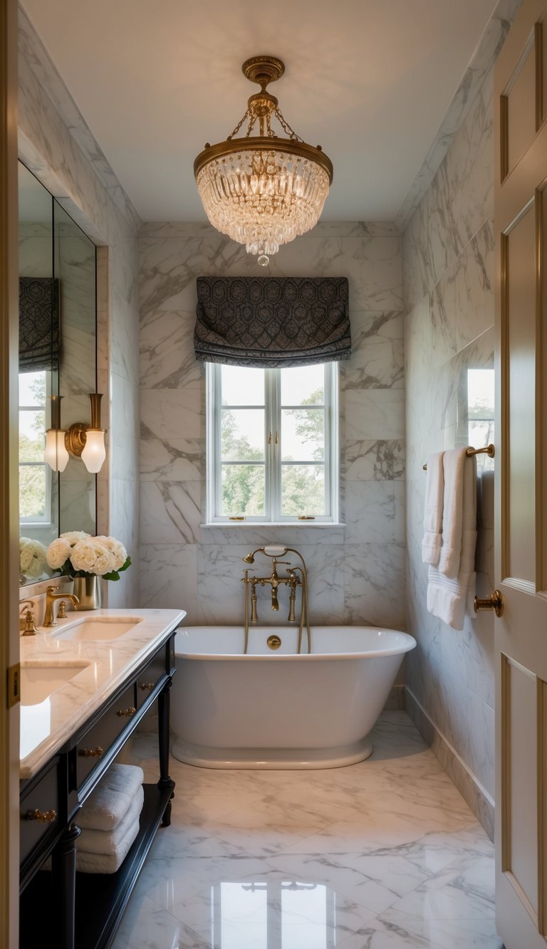 A luxurious marble bathroom with elegant fixtures and a timeless design
