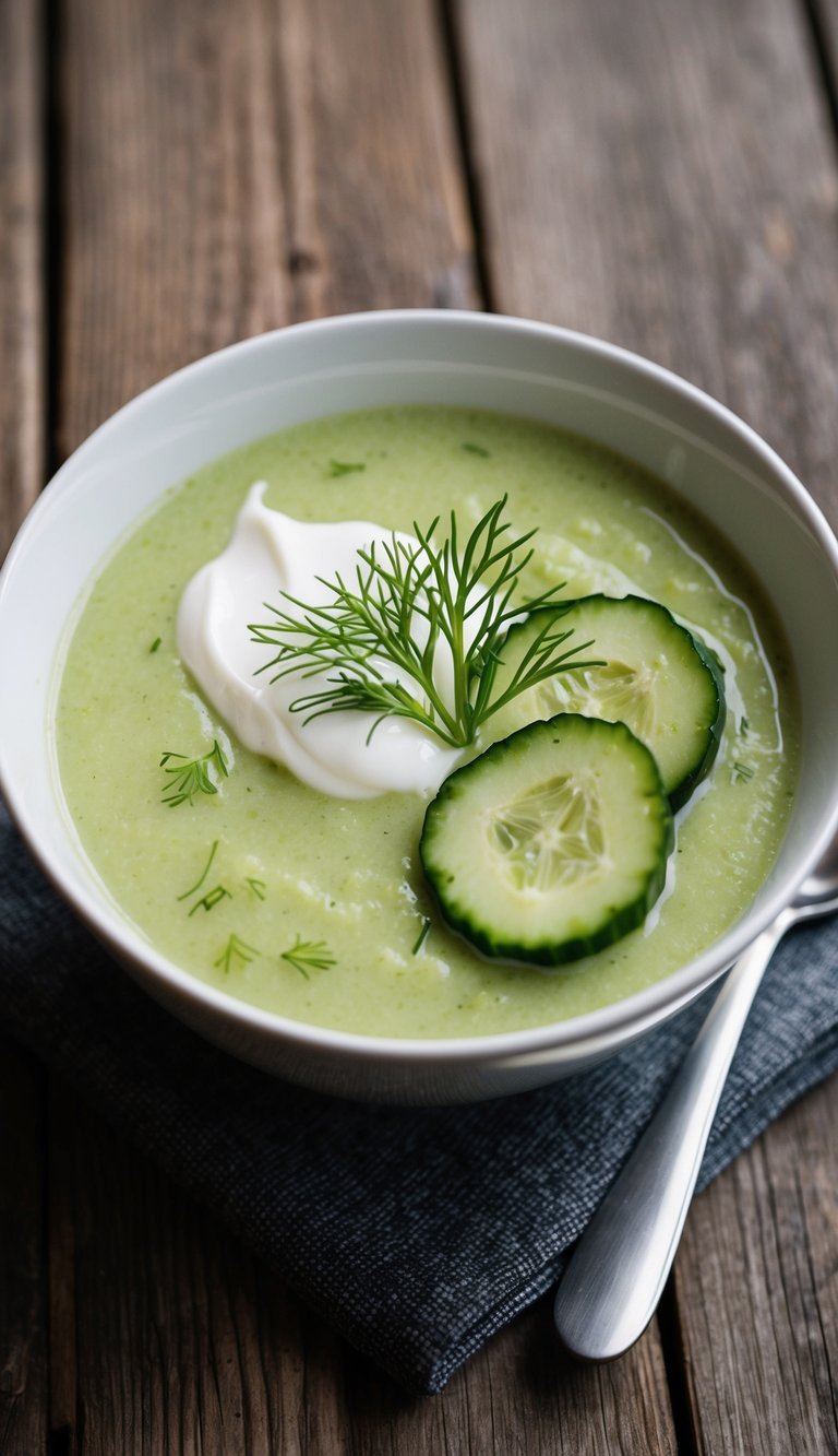 A bowl of chilled cucumber soup with a dollop of crème fraîche, garnished with fresh dill and cucumber slices, sits on a rustic wooden table
