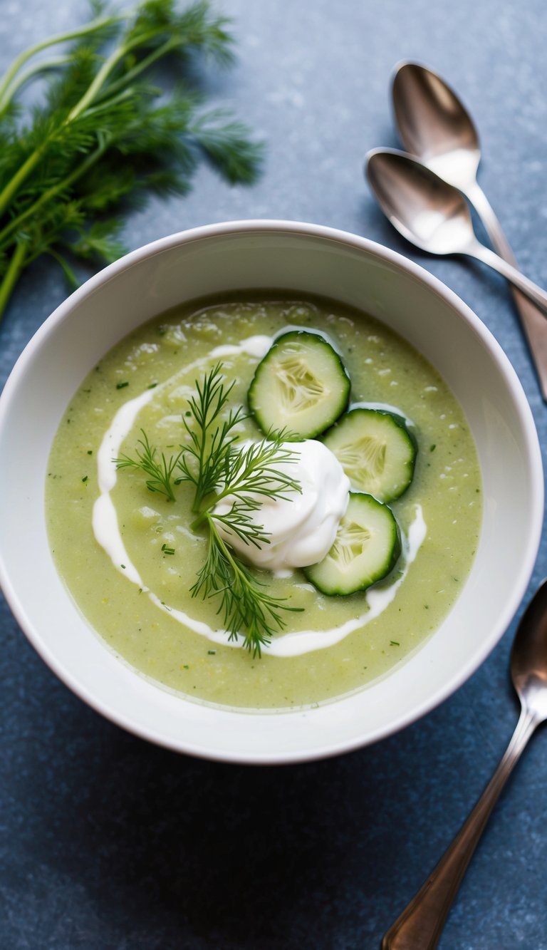 A bowl of chilled cucumber and dill soup topped with a dollop of crème fraîche, garnished with fresh dill and cucumber slices