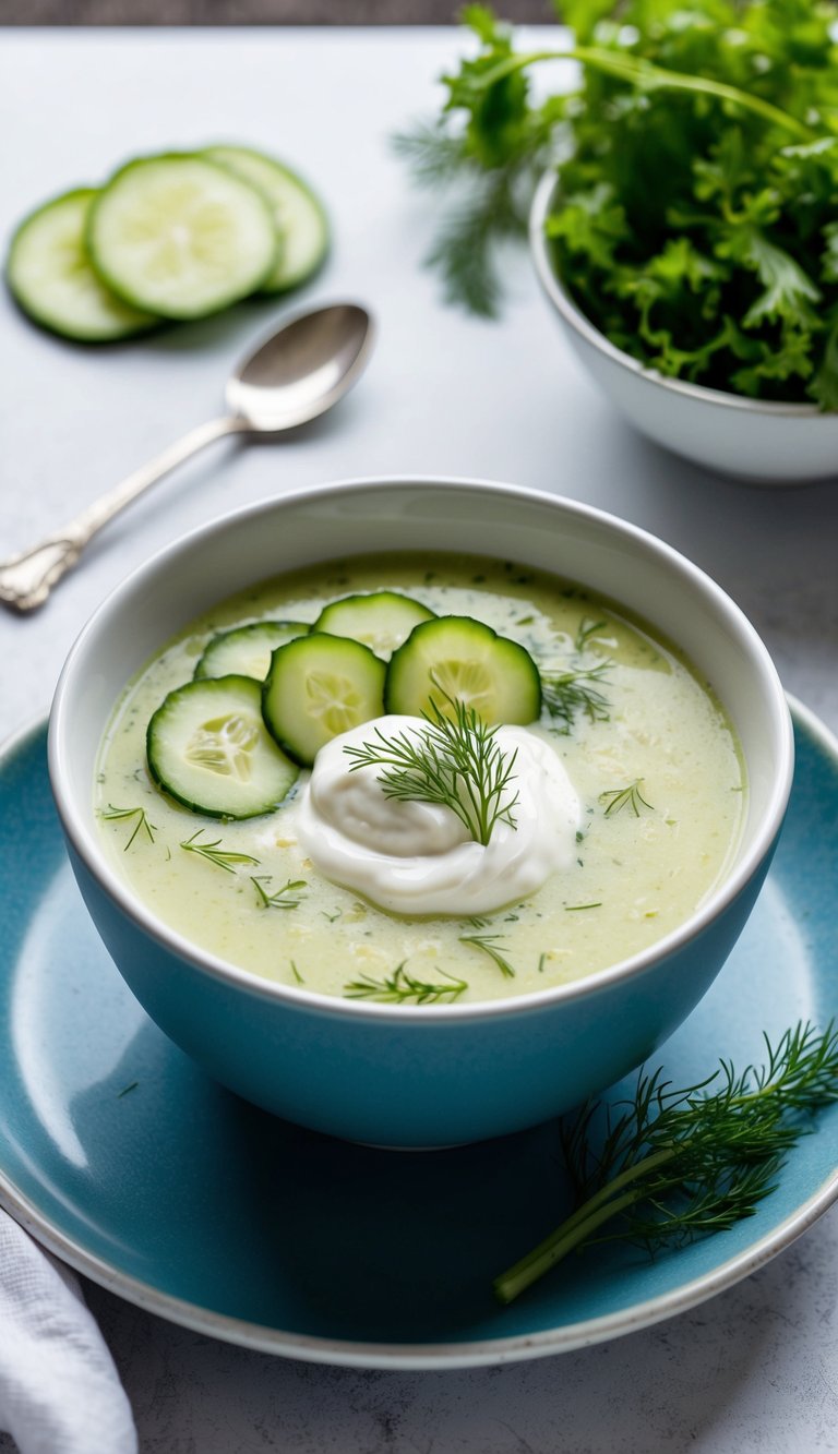 A bowl of chilled cucumber and dill soup topped with a dollop of crème fraîche, garnished with fresh dill and thinly sliced cucumber rounds