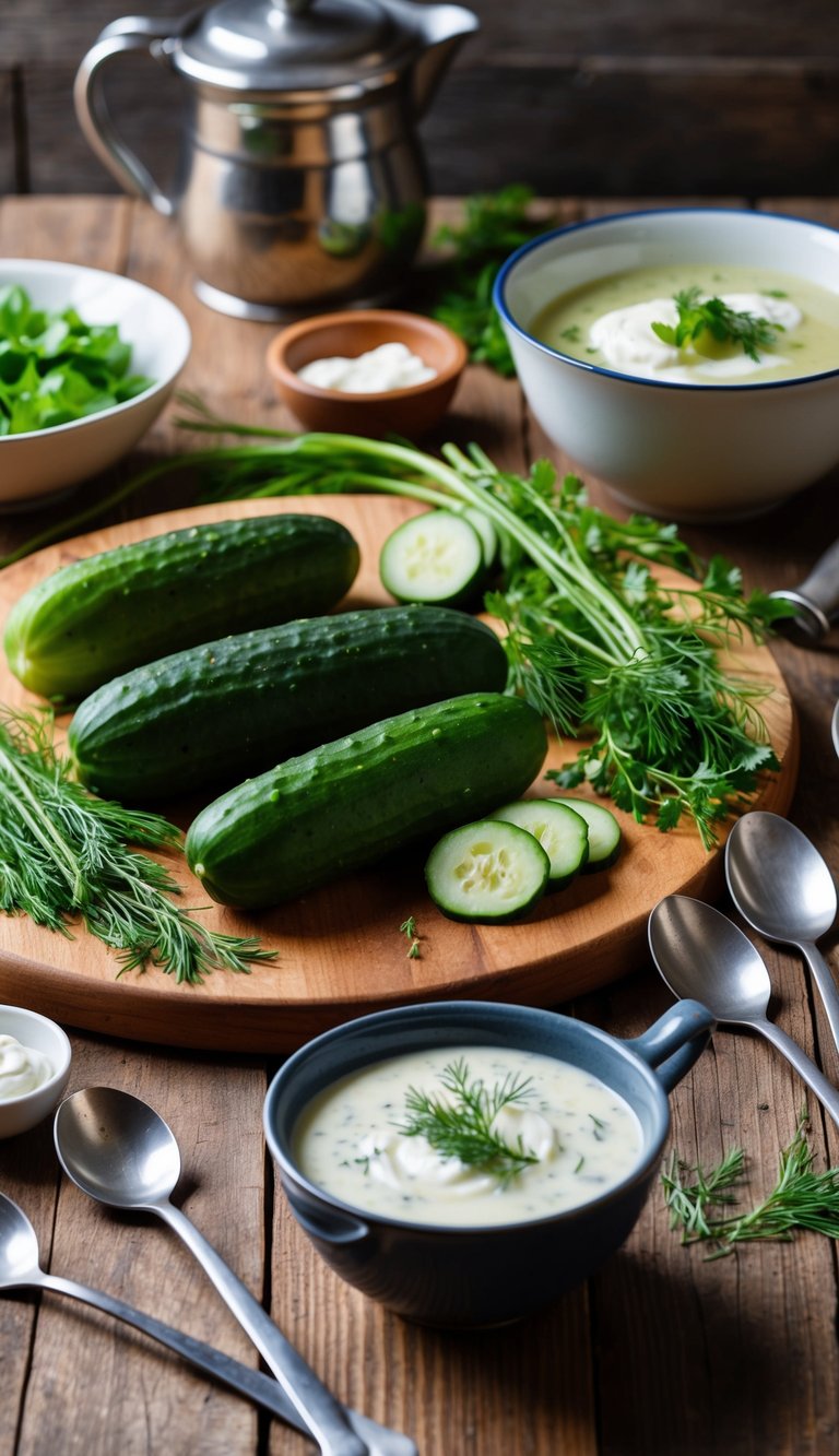 A rustic kitchen scene with fresh cucumbers, dill, and crème fraîche on a wooden table, surrounded by cooking utensils and a bowl of chilled soup