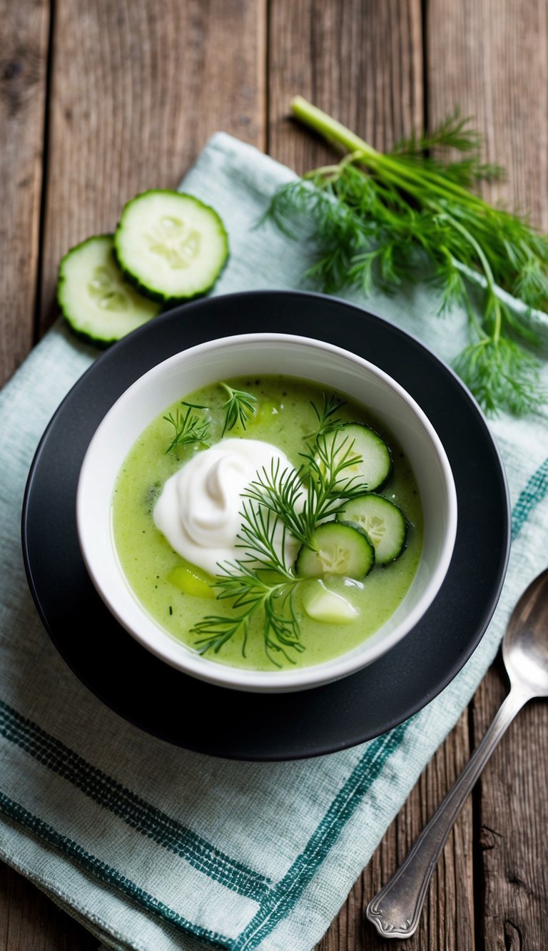 A bowl of chilled cucumber and dill soup with a dollop of crème fraîche, garnished with fresh dill and cucumber slices, sitting on a rustic wooden table