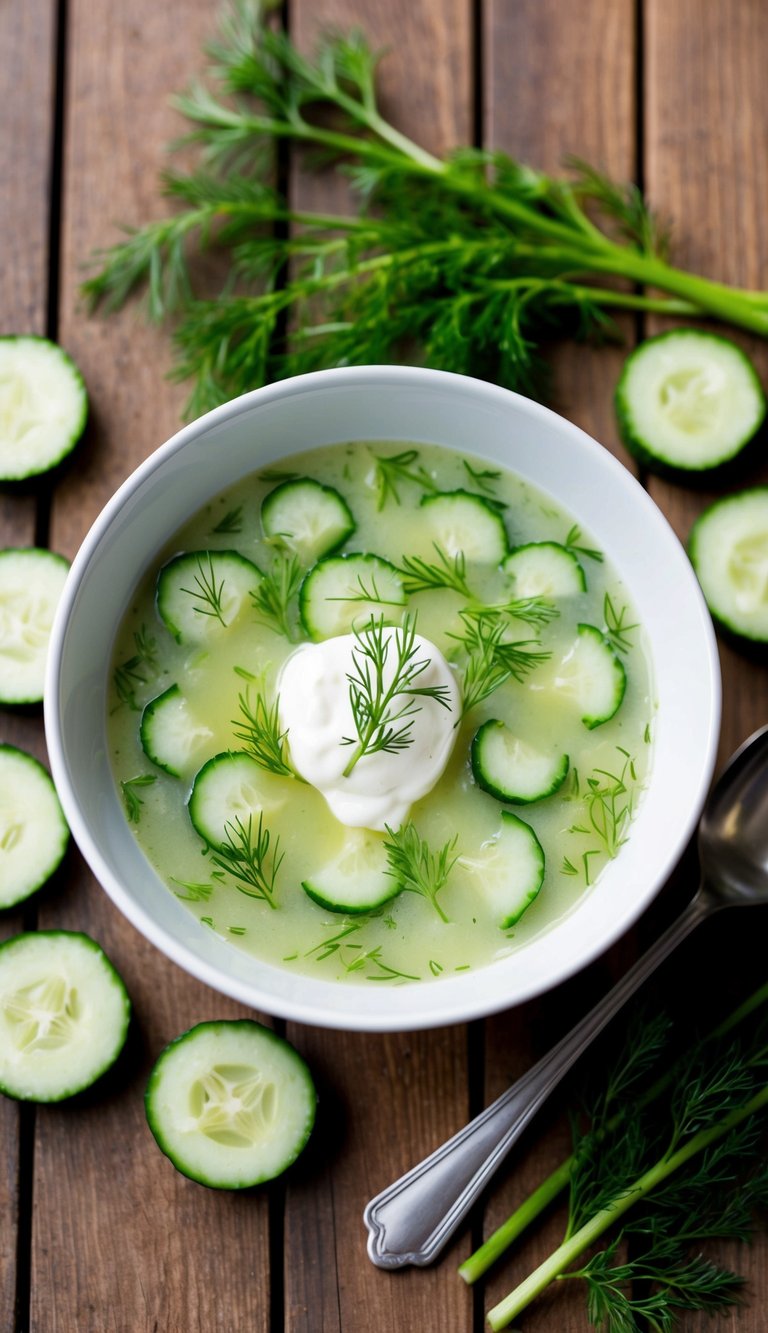 A bowl of chilled cucumber and dill soup garnished with a dollop of crème fraîche, surrounded by fresh cucumber slices and dill sprigs on a wooden table