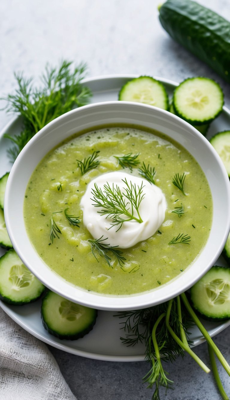 A bowl of chilled cucumber and dill soup topped with a dollop of crème fraîche, surrounded by fresh cucumber slices and sprigs of dill