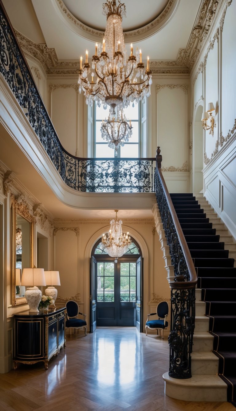 A grand staircase leads to a French-inspired entryway adorned with ornate chandeliers, intricate molding, and luxurious furnishings, creating a chic and romantic ambiance
