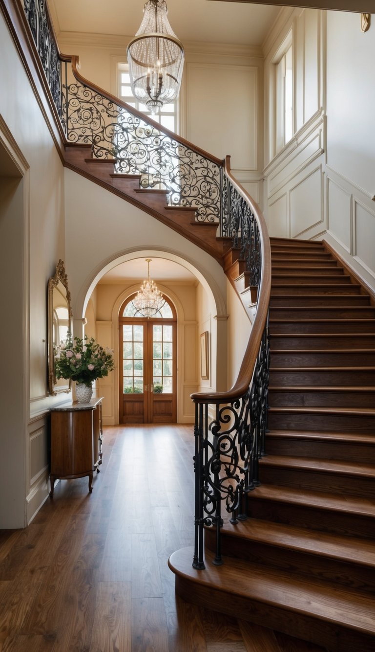 A grand wooden staircase with elegant iron balustrades ascends to a French-inspired entryway, exuding a chic and romantic ambiance