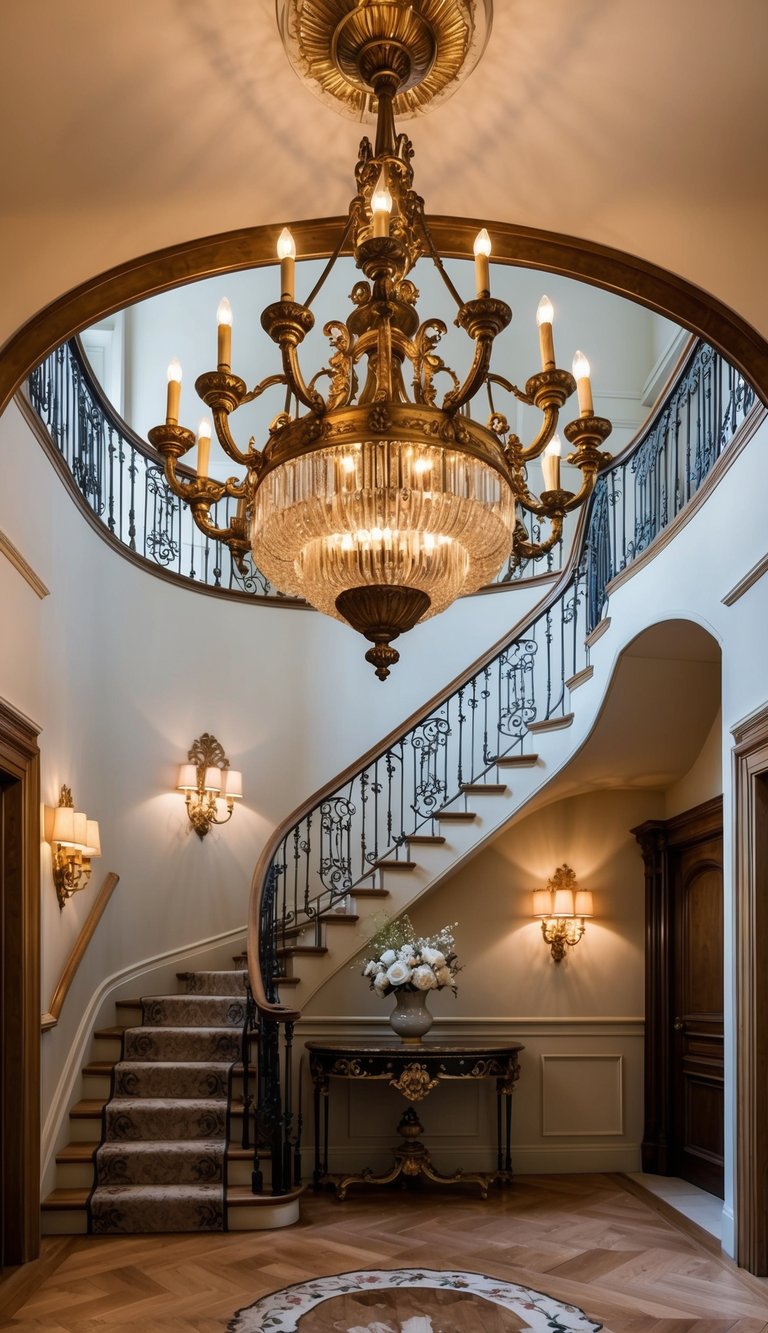 A grand antique brass chandelier illuminates a French-inspired entryway with a staircase, creating a chic and romantic ambiance