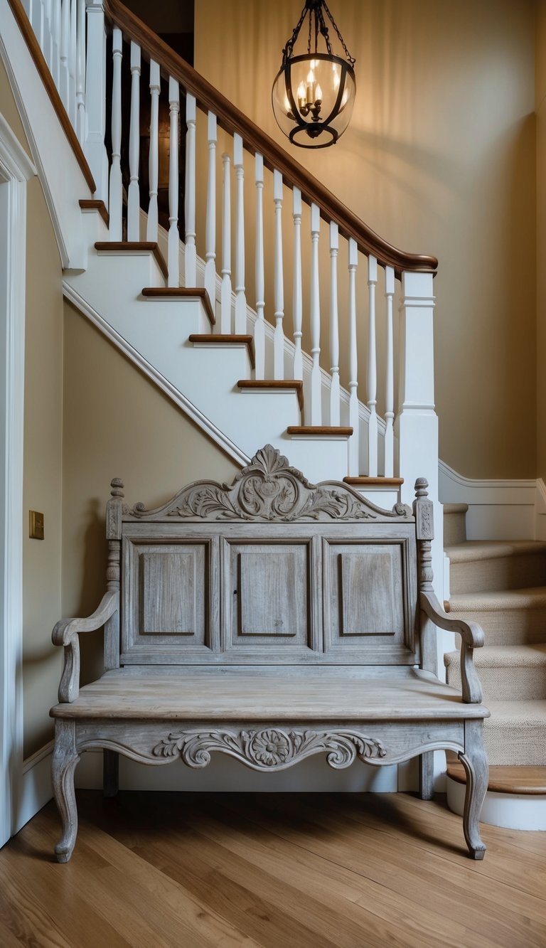A rustic wooden bench with elegant carvings sits at the foot of a grand staircase, creating a chic and romantic French-inspired entryway