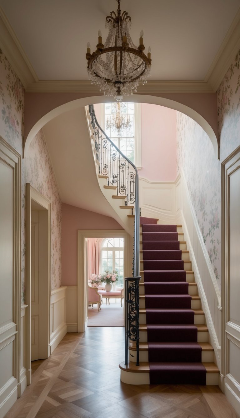 A grand staircase leads to a French-inspired entryway with soft pastel walls and floral wallpaper, creating a chic and romantic atmosphere