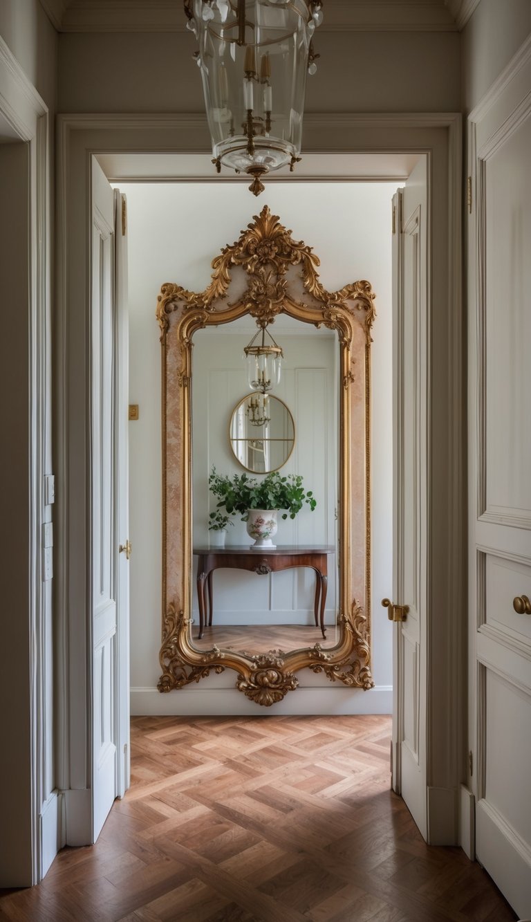 A vintage mirror with an ornate frame hangs in a French-inspired entryway, adding a chic and romantic touch to the space