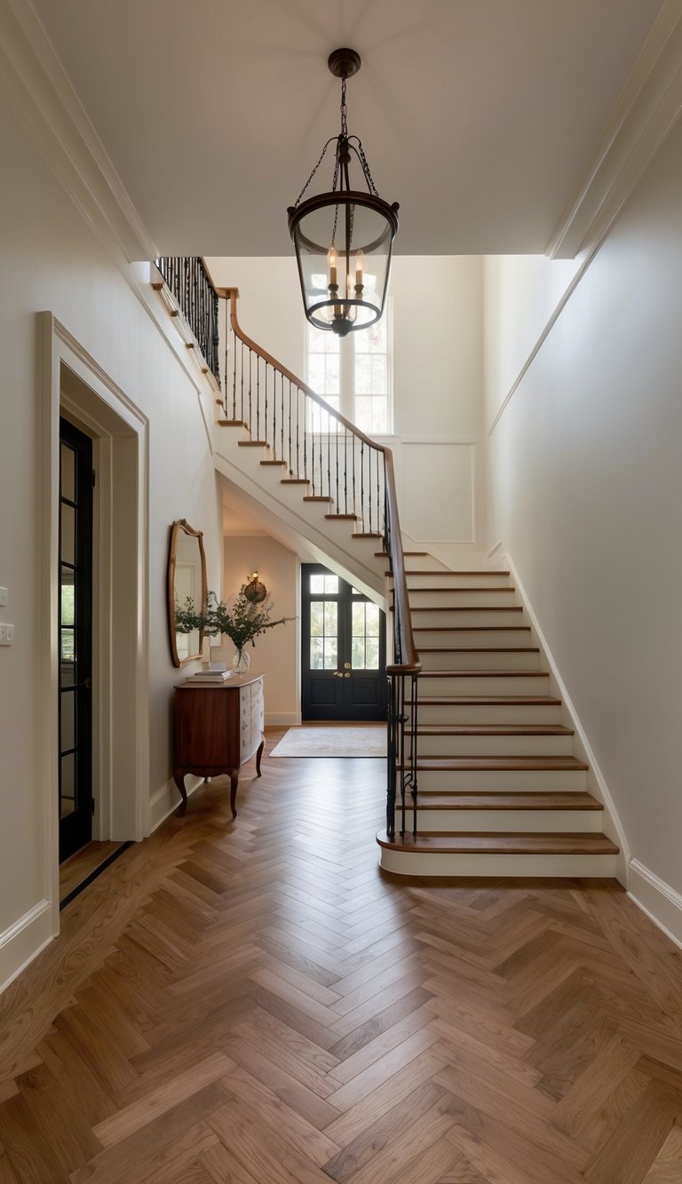 A herringbone patterned wooden floor leads to a French-inspired entryway with stairs, creating a chic and romantic ambiance