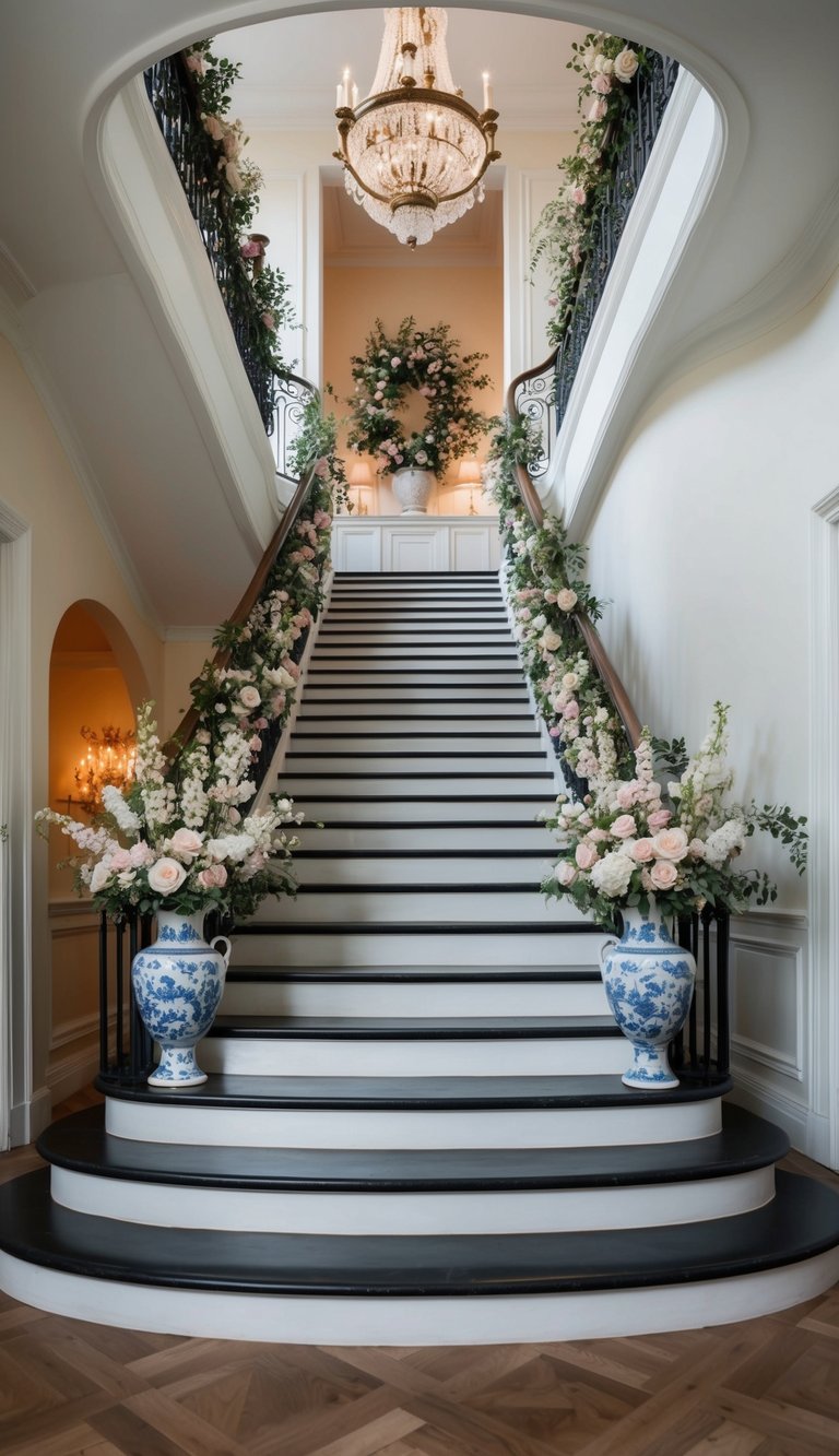 A grand staircase winds up to a French-inspired entryway adorned with delicate floral arrangements in ceramic vases, creating a chic and romantic ambiance