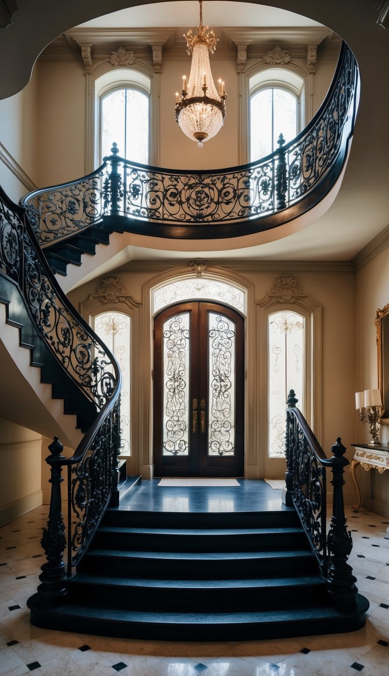 A grand staircase with ornate wrought iron railings leads to a double door entryway adorned with intricate carvings and elegant French-inspired details