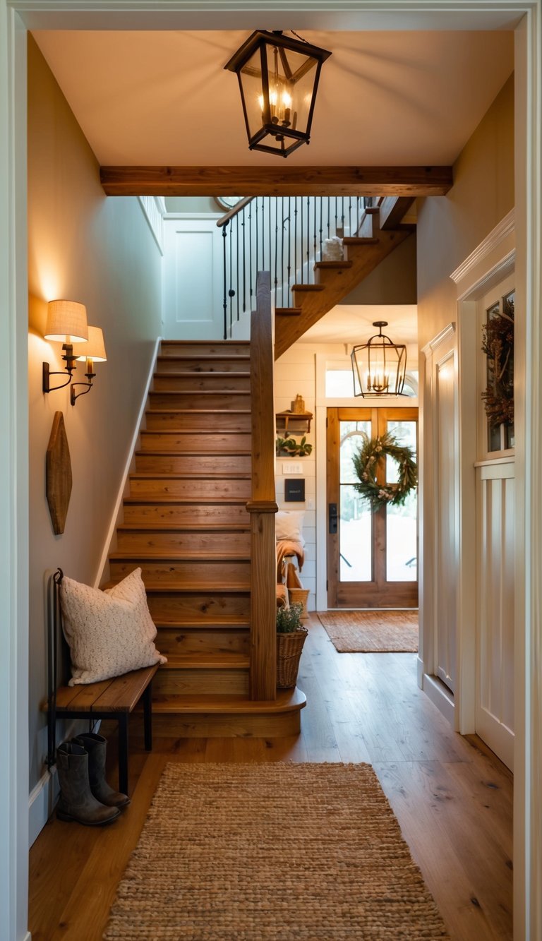 A cozy farmhouse entryway with a wooden staircase, warm lighting, and rustic decor