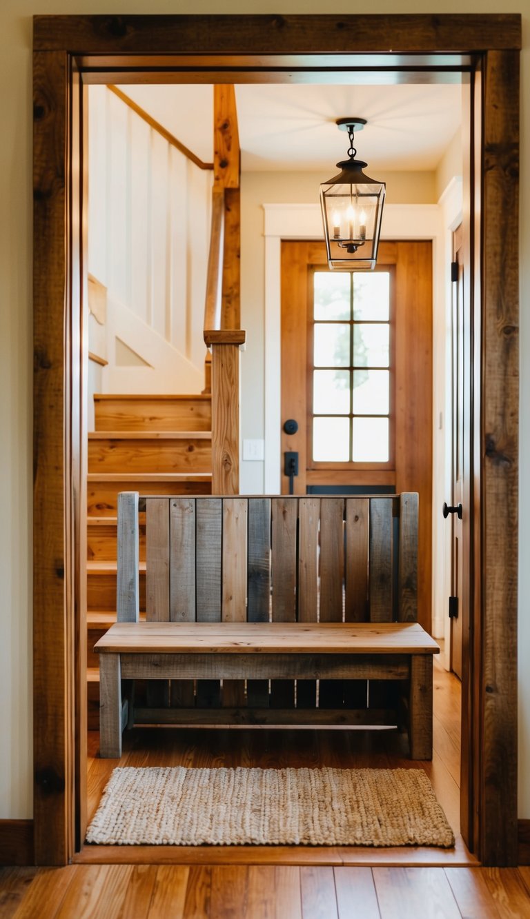 A reclaimed wood bench sits in a cozy farmhouse entryway, framed by warm, inviting stairs