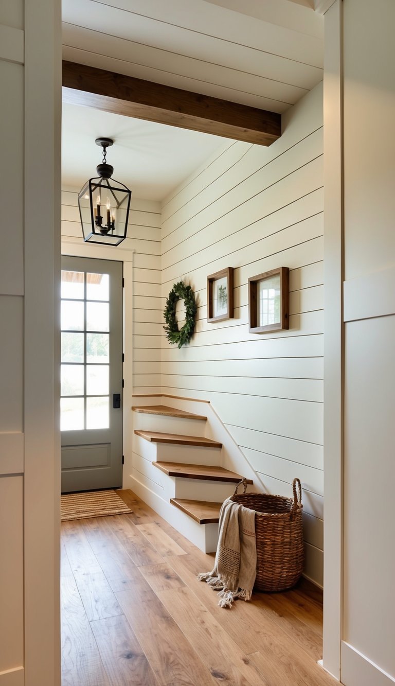 Shiplap walls add texture to a cozy farmhouse entryway with warm, inviting stairs