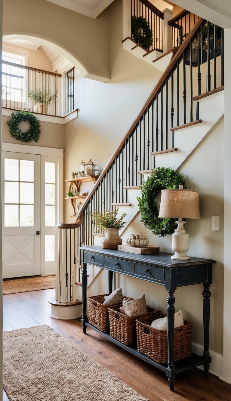 A vintage console table sits in a farmhouse entryway, adorned with warm and inviting decor. Stairs lead up in the background
