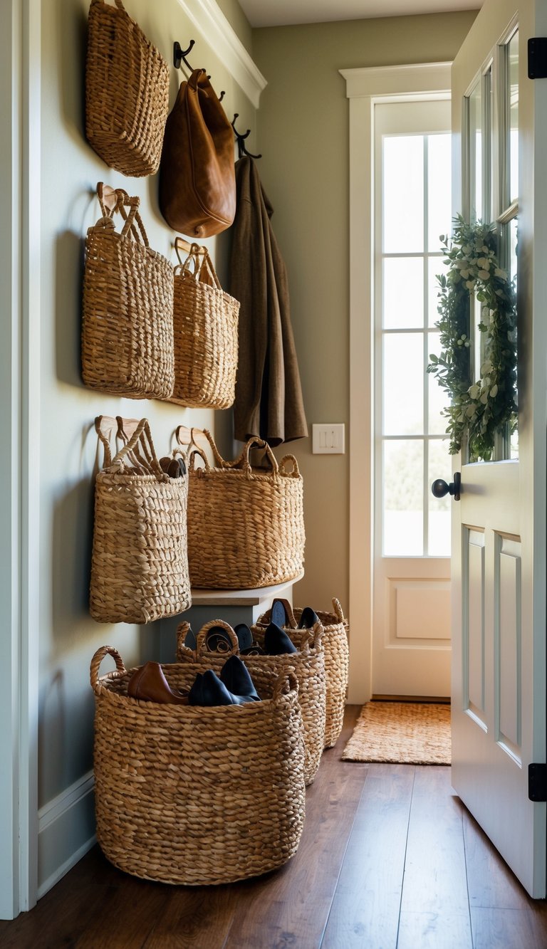 Woven baskets line the farmhouse entryway, providing warm and inviting storage for shoes and accessories