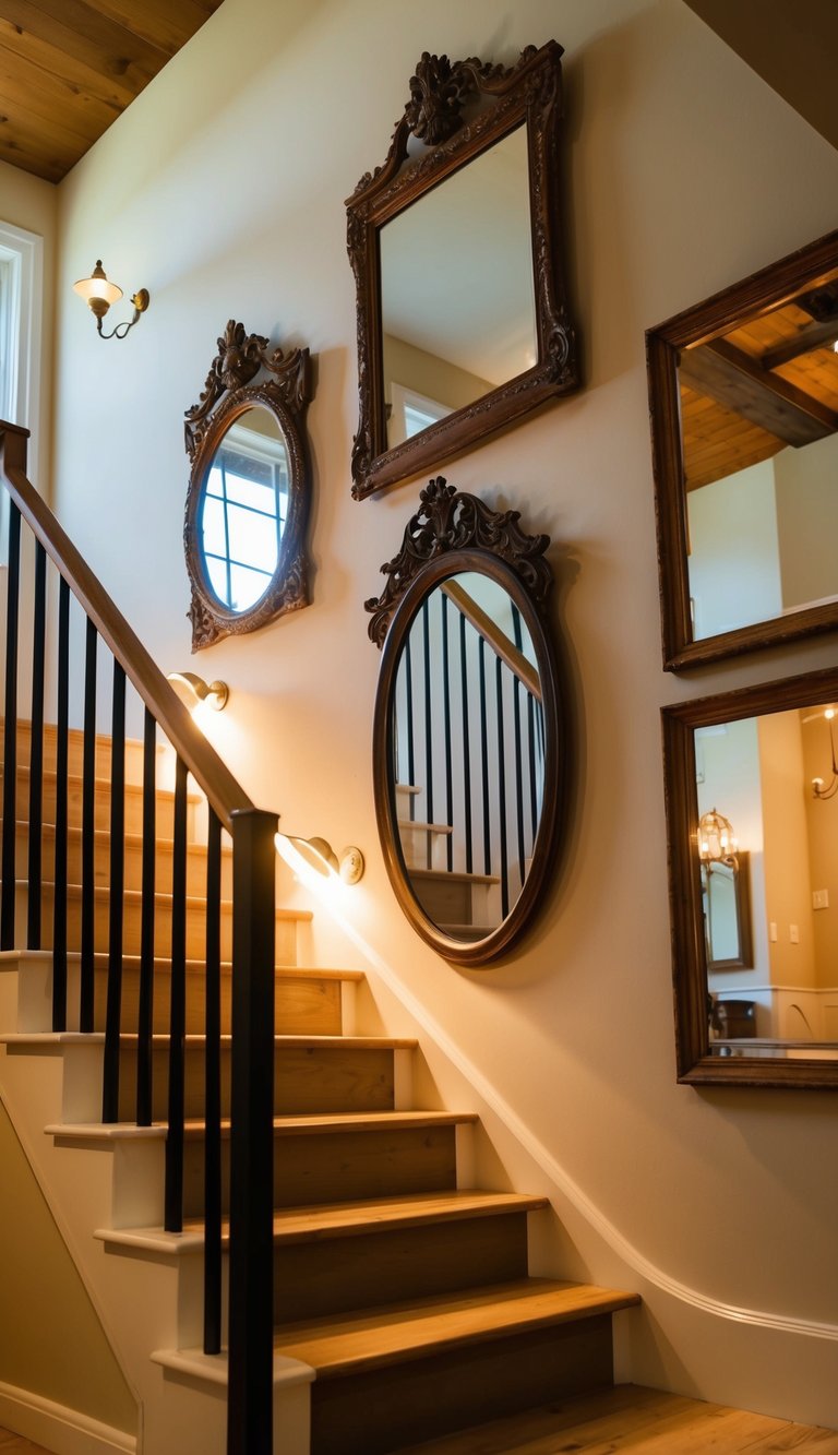 Antique mirrors hang on a farmhouse entryway wall with warm lighting and stairs leading up, creating a cozy and inviting atmosphere